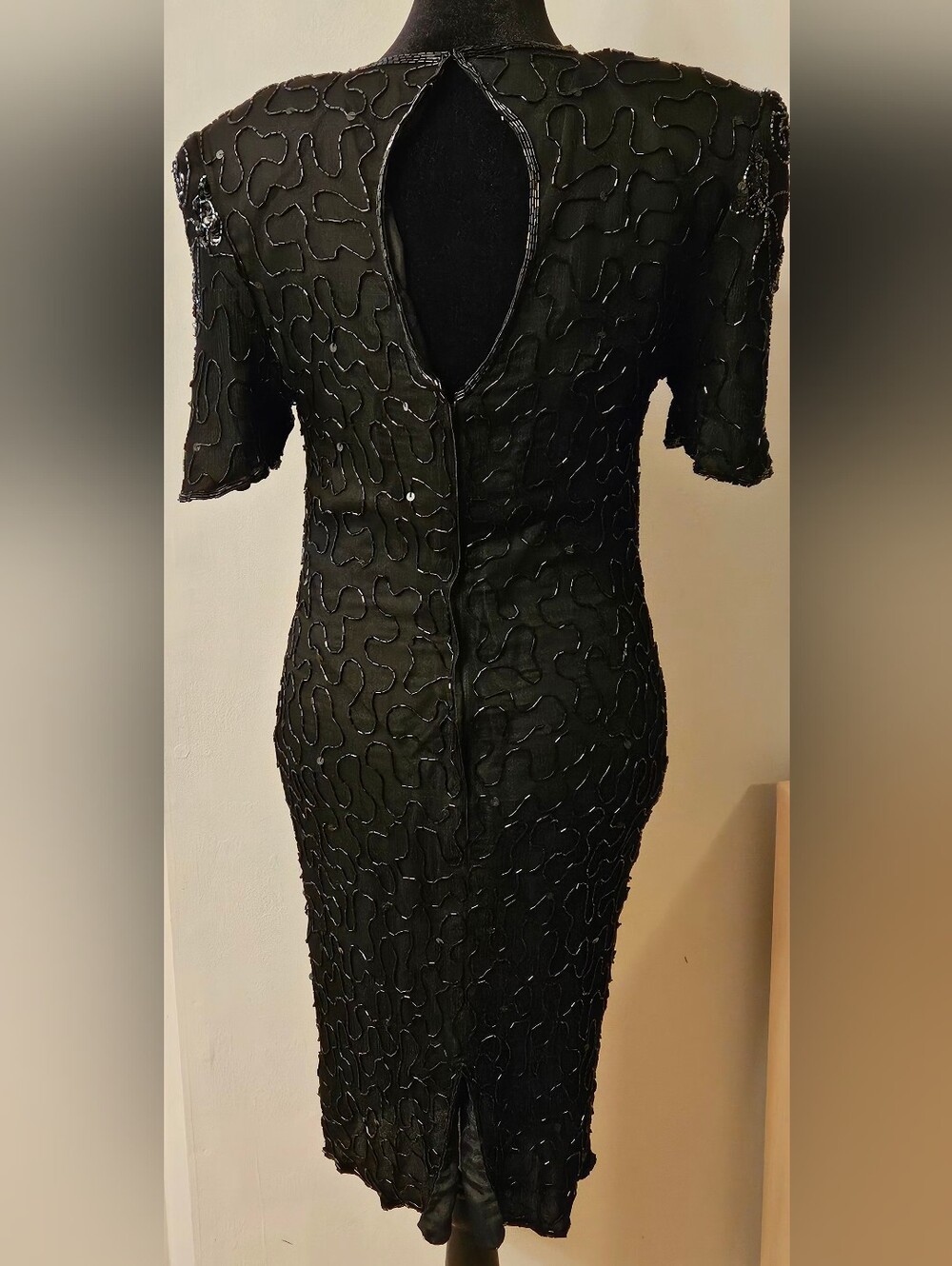 Vintage JMC 100% Silk Beaded Dress Black Sequined Cocktail Midi Size S Keyhole